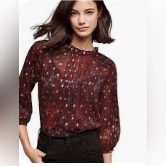 Anthropologie HD in Paris sheer lace Blouse Burgundy gold Peasant Size M - Picture 1 of 2